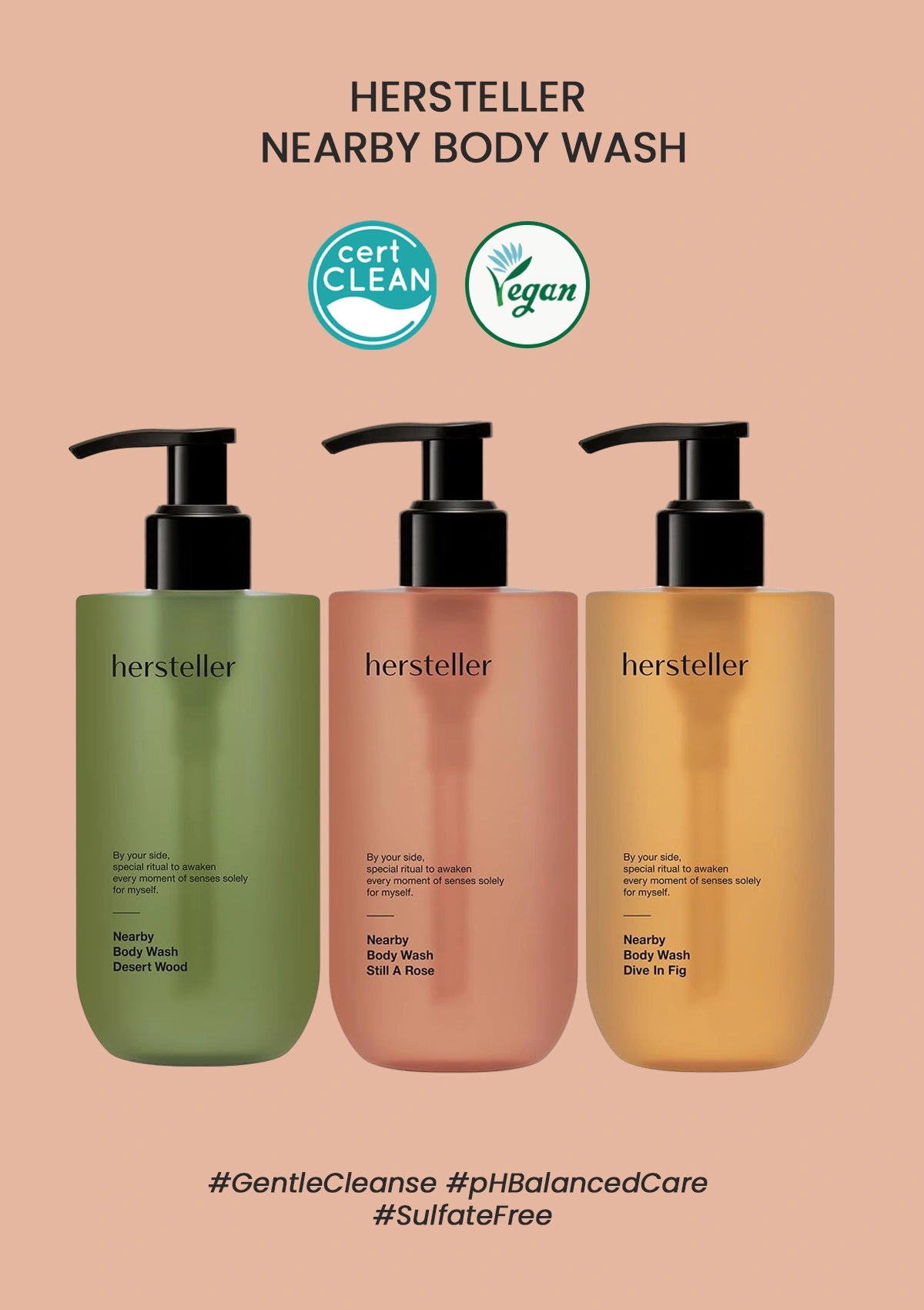 Three bottles of Hersteller Nearby Body Wash on a beige background with CertiClean and Vegan logos.