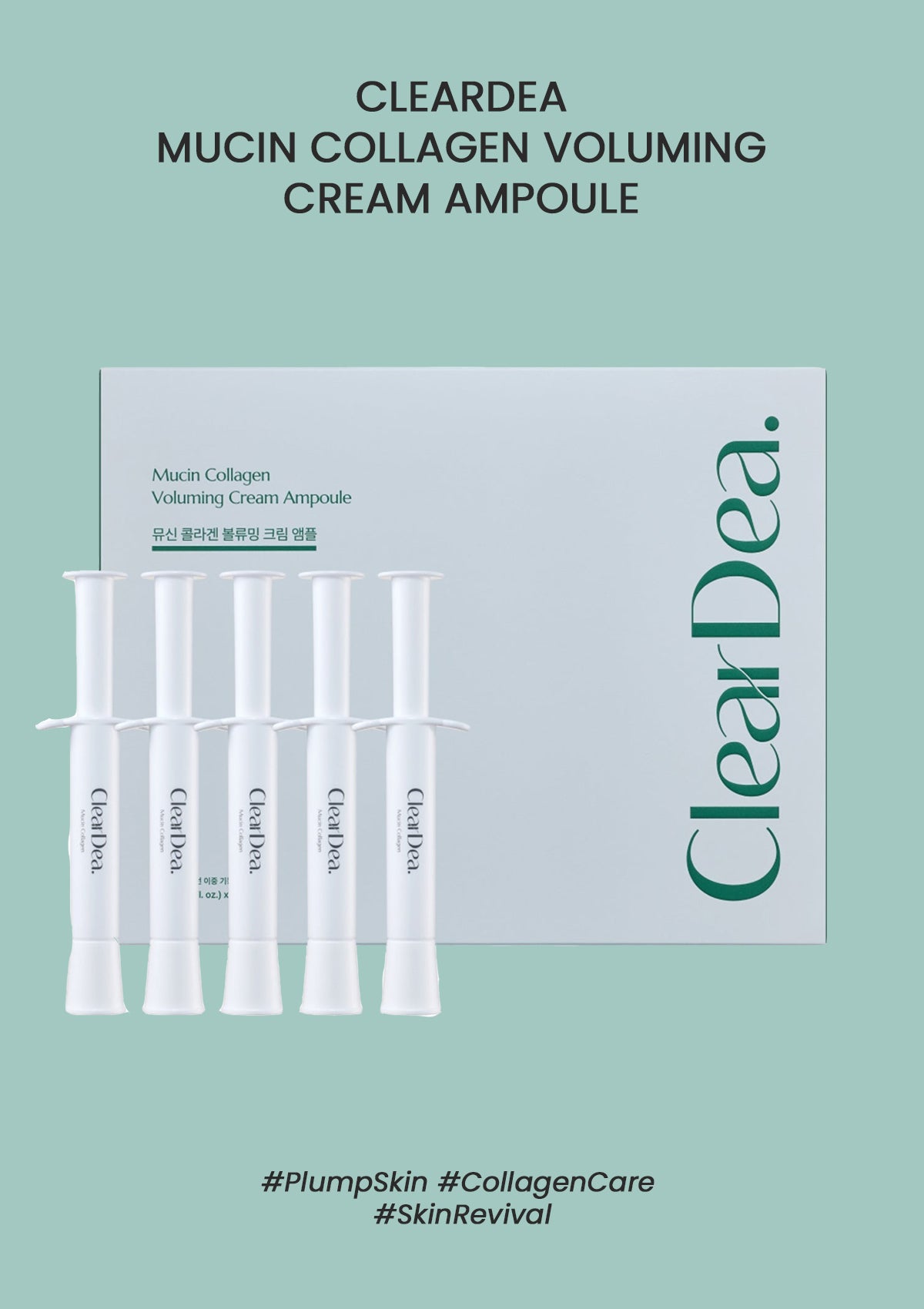 ClearDea Mucin Collagen Voluming Cream Ampoule packaging on a light green background