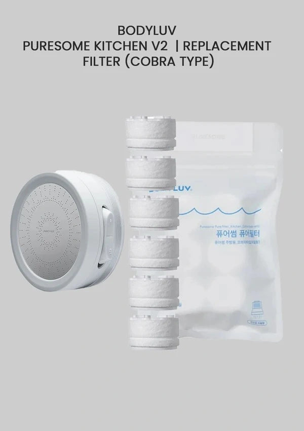 Bodyluv Puresome Kitchen V2 replacement filter in Cobra Type, showing the round white filter head, five stacked white filter cartridges, and the white pouch packaging on a solid gray background.