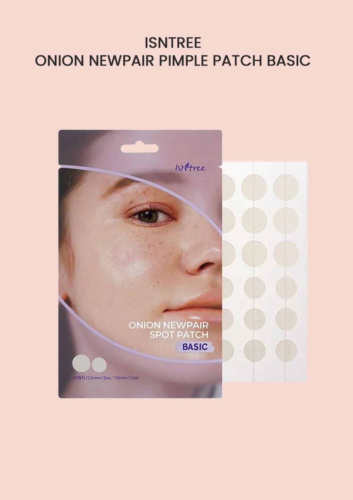 Packaging of ISNTREE Onion Newpair Pimple Patch Basic with a clear window showing the product, which is a box of hydrocolloid acne patches.