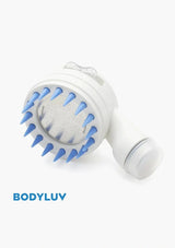 A white and blue body scrubber with a round bristle head and a side handle, shown on a light gray background with the brand name 'BODYLUY' printed in blue at the bottom left.