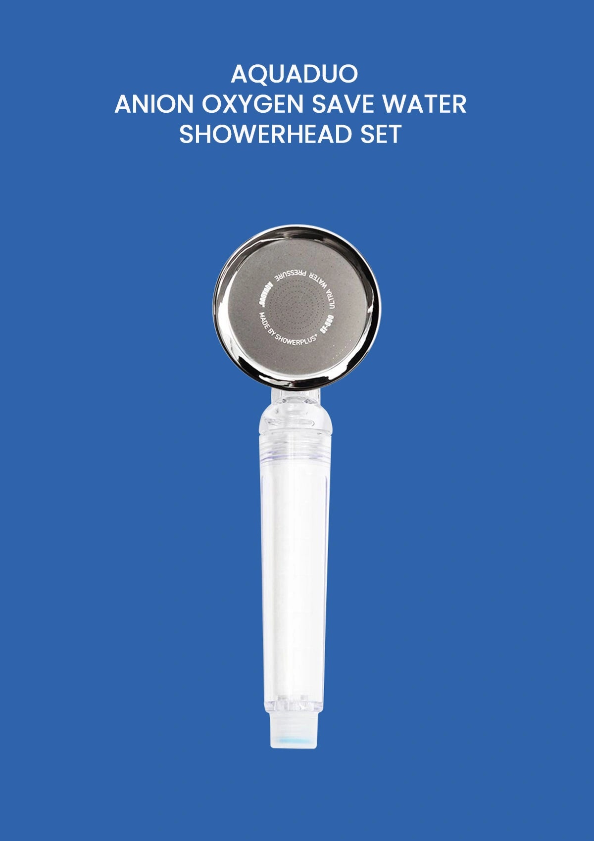 Aquaduo anion oxygen save water showerhead set on a blue background