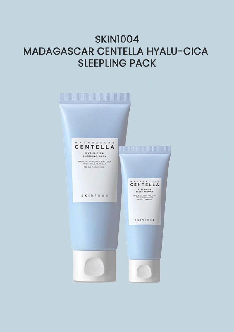 Two skincare products with 'SKIN1004' branding on a light blue background