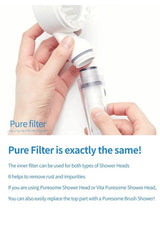 A close-up of hands replacing a clear inner filter cartridge into a white shower head attachment, with text explaining that the inner filter can be used for both shower head types and helping remove rust and impurities.
