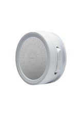A white circular shower head attachment with multiple small nozzles on the front and a side release switch, shown on a plain white background.