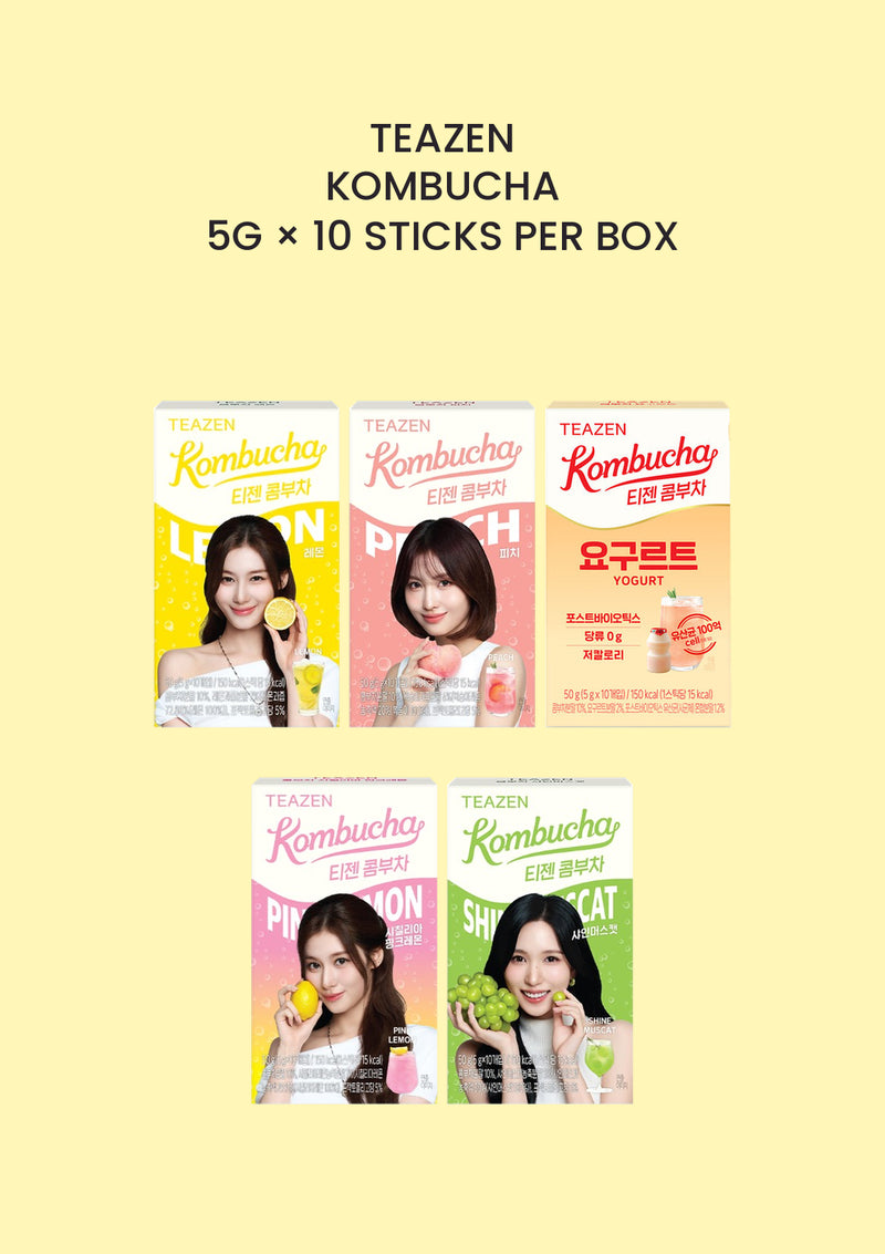 TEAZEN Kombucha five flavours — Lemon, Peach, Yogurt, Pink Lemon and Shine Muscat; each box 5g x 10 sticks