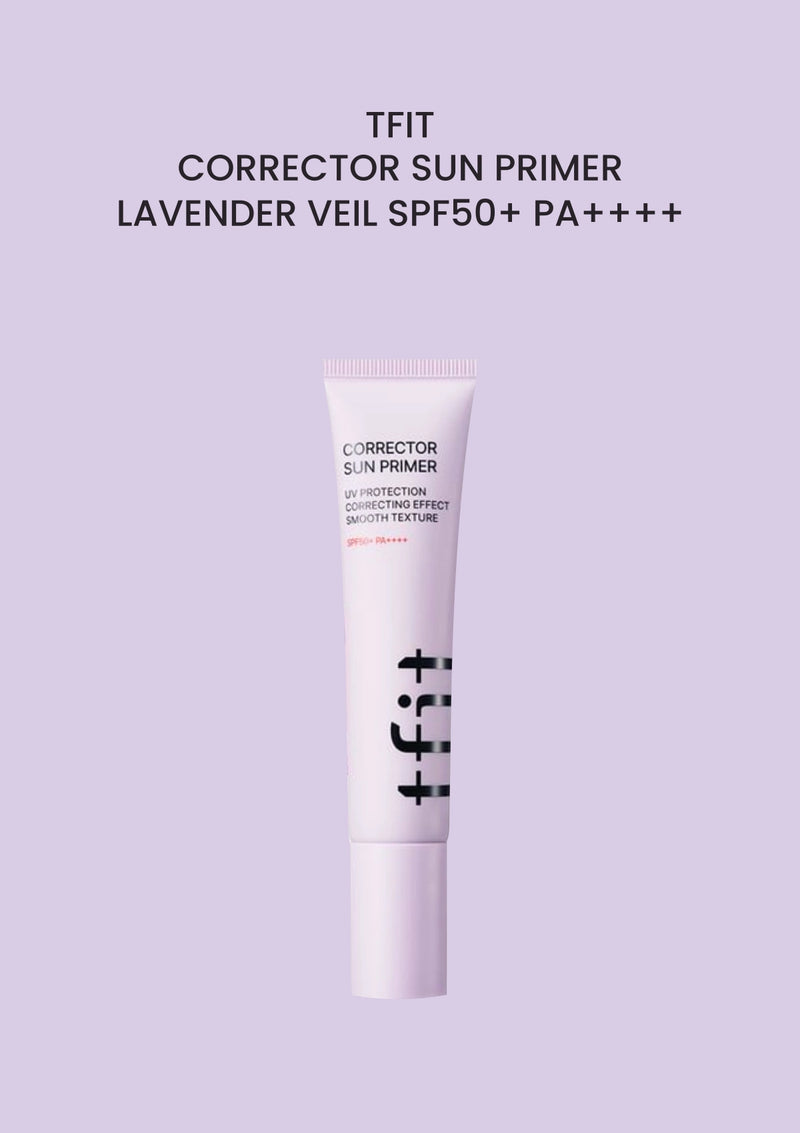 TFIT CORRECTOR SUN PRIMER LAVENDER VEIL SPF50+ PA++++ on a solid lavender background