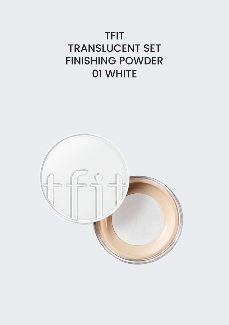 TFIT Translucent Set Finishing Powder 01 White, renewed packaging on a shade-matched background