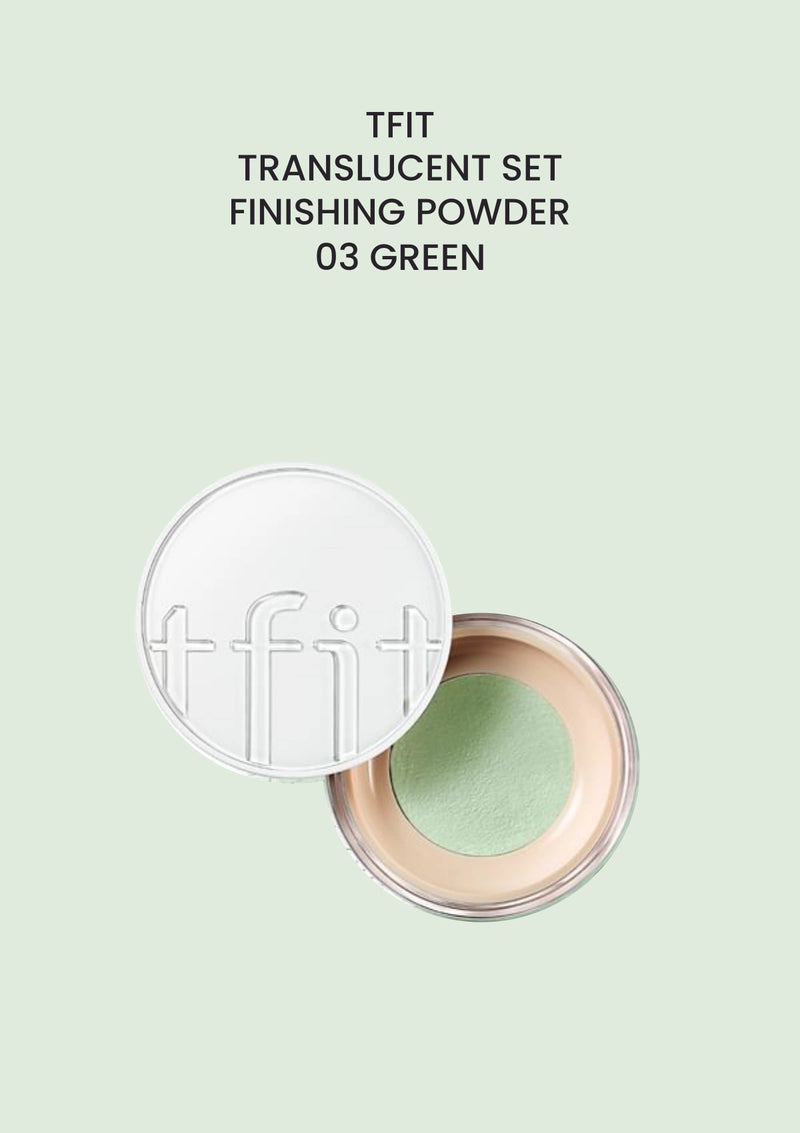 TFIT Translucent Set Finishing Powder 03 Green, renewed packaging on a shade-matched background