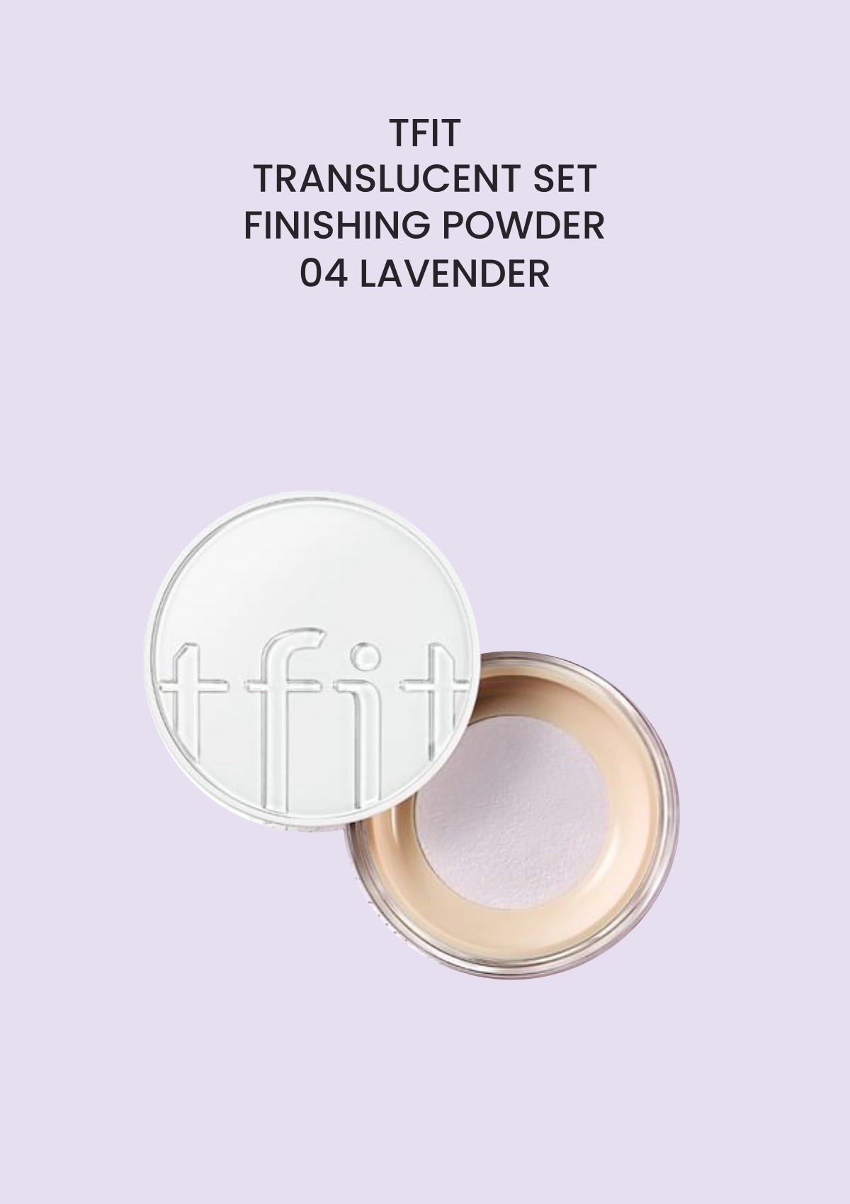 TFIT Translucent Set Finishing Powder 04 Lavender, renewed packaging on a shade-matched background