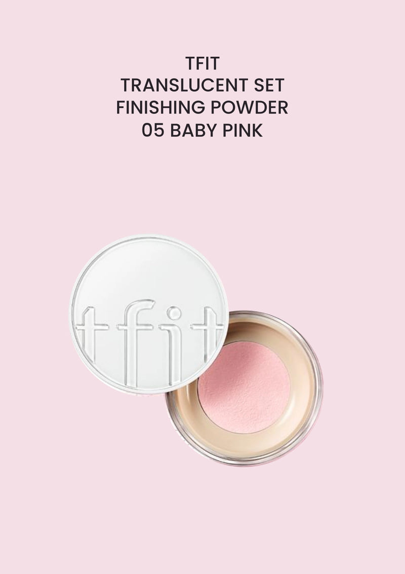 TFIT Translucent Set Finishing Powder 05 Baby Pink, renewed packaging on a shade-matched background