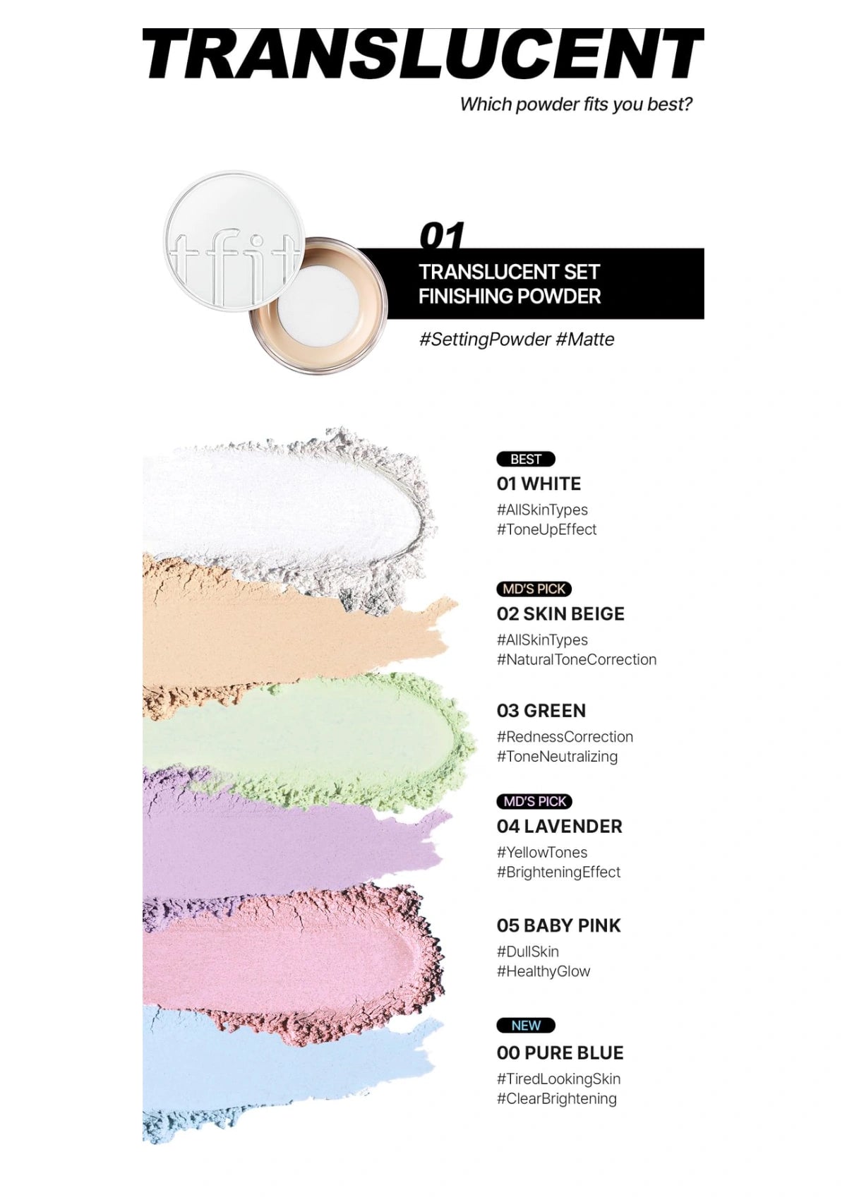TFIT Translucent Set Finishing Powder texture swatches and shade benefits, including the five available shades