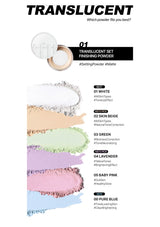 TFIT Translucent Set Finishing Powder texture swatches and shade benefits, including the five available shades