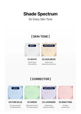 TFIT finishing powder shade spectrum comparing skin-tone shades with colour-correcting Green, Lavender and Baby Pink