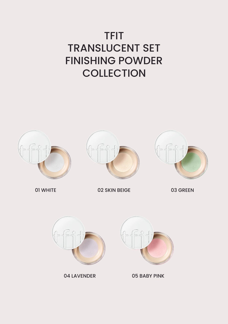 TFIT Translucent Set Finishing Powder collection: 01 White, 02 Skin Beige, 03 Green, 04 Lavender and 05 Baby Pink, renewed 2026 packaging