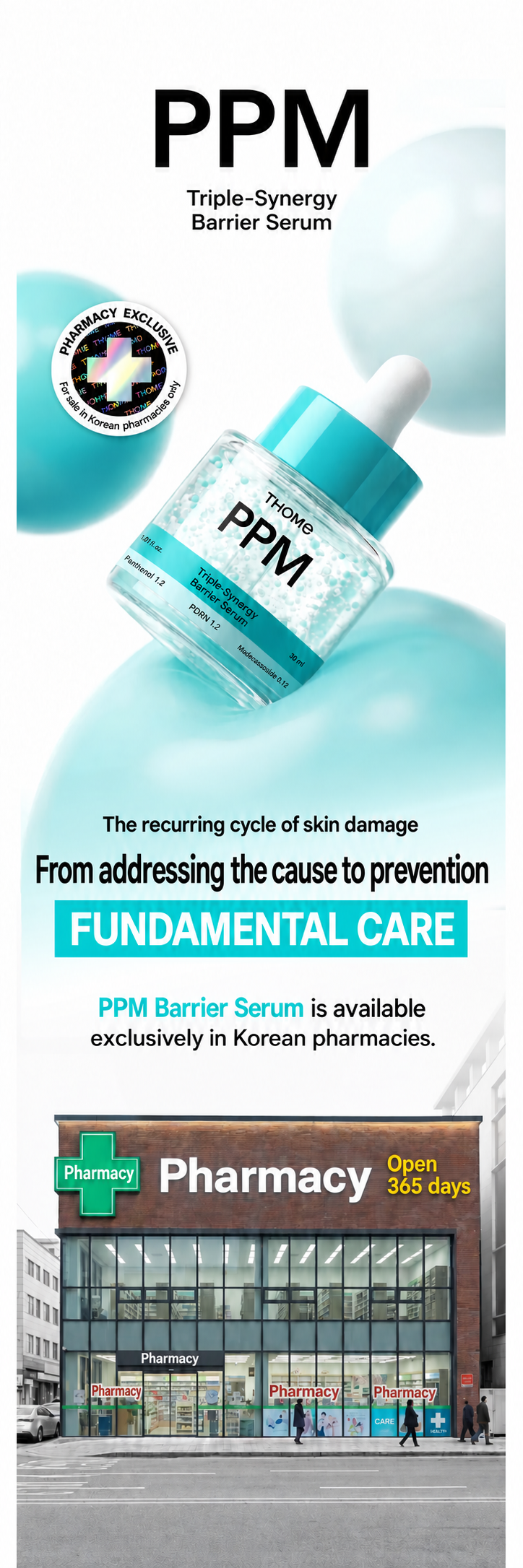 THOME PPM Triple-Synergy Barrier Serum 30ml - English introduction, correct 1.2:1.2:0.12 formula labels and English pharmacy signage