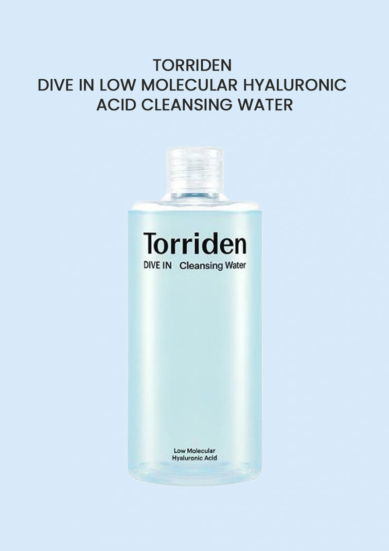 Torriden cleansing water bottle on a light blue background