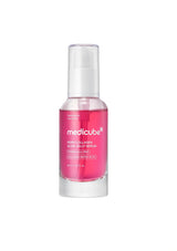 Medicube Peony Collagen Glow Jelly Serum in a clear glass bottle with a white pump dispenser and a vibrant pink label, set against a plain white background.