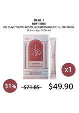 Advertisement for ILO Olive Young Whitathione Glutathione product with pricing and deal information.