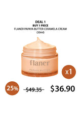 Flaner Papaya Butter Ceramela Cream jar with promotional text on a white background