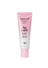 A pink and white squeeze tube of medicube No Cast Just Dew Form-Hygrieving UV Serum SPF 50+ on a solid white background.