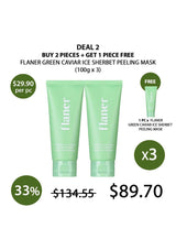 Promotional graphic for Flaner Green Caviar Ice Sherbet Peeling Mask with pricing and deal details.