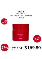 Red jar of Jakyoung Lift Up Light Cream with promotional text on a white background