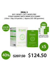 Promotional graphic for Fitany Granny Smith ACV gummy deal with packaging and text on a white background.