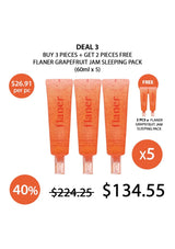 Promotional graphic for Flaner Grapefruit Jam sleeping pack with pricing and deal details.