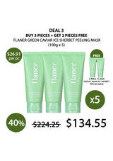 Promotional offer for Flaner green caviar ice sherbet peeling mask with discount details.