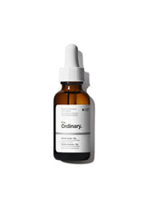 Brown glass dropper bottle with white cap labeled 'The Ordinary' on a white background