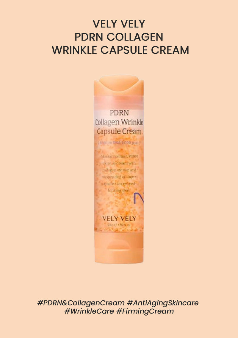 Vely Vely PDRN Collagen Wrinkle Capsule Cream bottle on a beige background