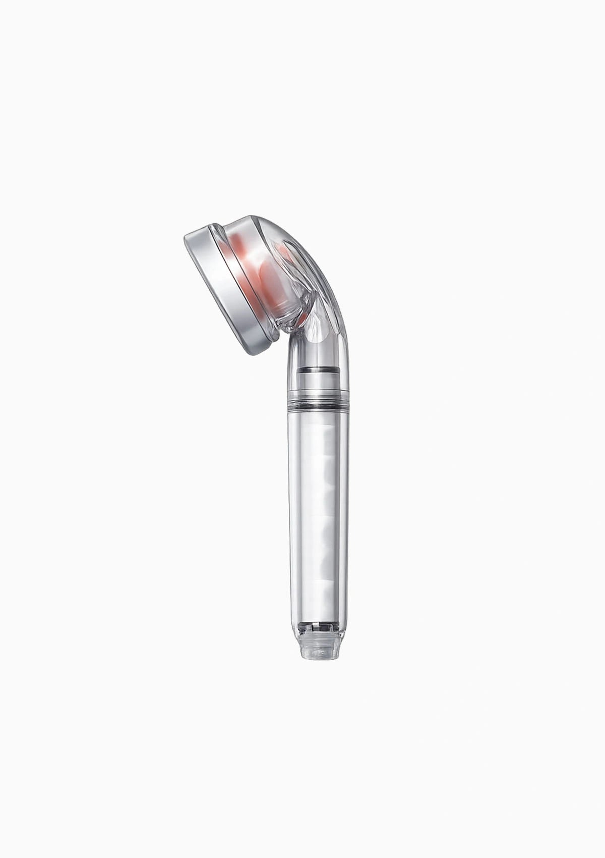 A handheld shower head with a transparent body and a silver head, featuring a subtle pinkish-red glow inside the head, set against a plain white background.