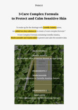 A text-heavy informational page about a '3-Care Complex Formula' for sensitive skin, with a central product photo showing a green Centella Asiatica leaf bottle. The page includes highlighted text and ingredient callouts on a light gray background.