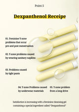 An informational graphic titled 'Dexpanthenol Receipe' on a pale cream background, with text describing symptoms and causes related to feminine Y-zone issues and a photo of several pale yellow cleansing gel tubes arranged diagonally with magnifying glass illustrations.