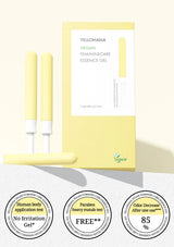 Yellowhana Vegan Feminine Care Essence Gel set, featuring a pale yellow box, two applicator sticks, and a yellow gel stick, displayed alongside three circular certification badges at the bottom on a light cream background.