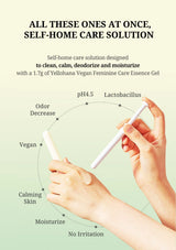 A promotional graphic for a self-home care solution showing two hands holding white applicator sticks over a pale green gradient background with text about odor decrease, vegan, lactobacillus, pH4.5, and calming skin.