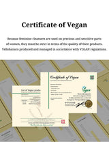 A document titled 'Certificate of Vegan' with explanatory text above, showing two certificate pages over a background of repeated copies of the same document. The certificates include a logo for Yellohana and references to VEGAN.