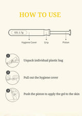 Instructional graphic showing how to use a gel applicator, with labeled parts (Hygiene Cover, Grip, Piston) and three numbered steps for unpacking the plastic bag, pulling out the hygiene cover, and pushing the piston to apply gel to the skin.