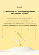 A pale yellow informational graphic with black text about Lactobacillus and beneficial ingredients for feminine hygiene, plus illustrated applicators and hanging droplets above a mound of white powder.