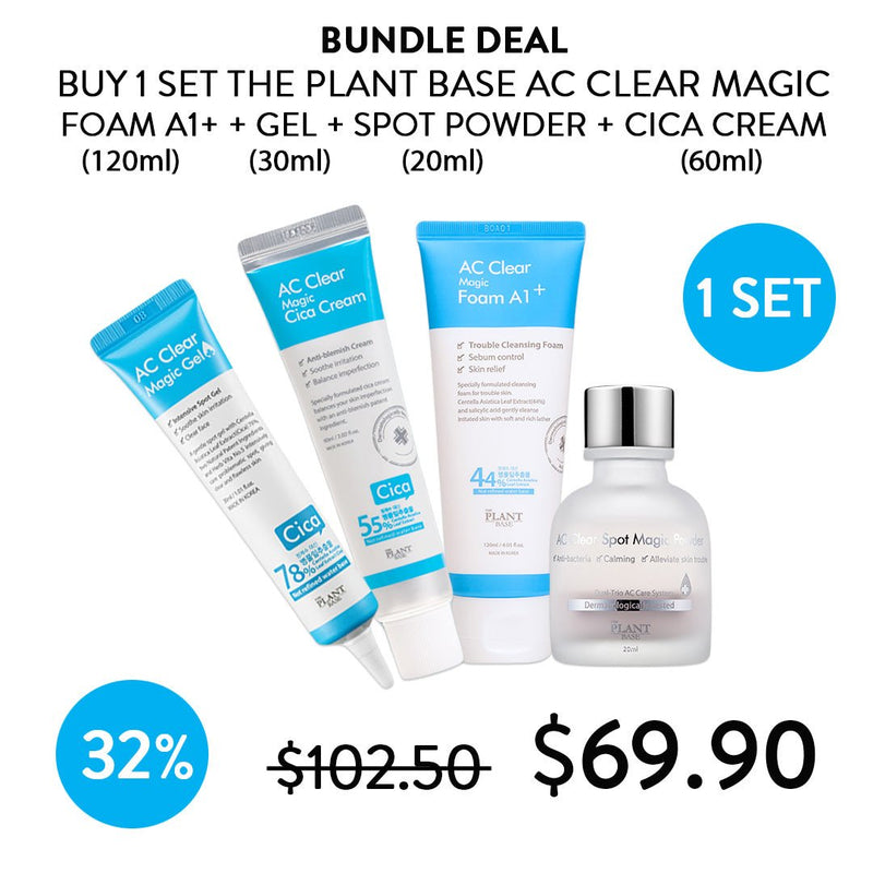 [THE PLANT BASE] AC Clear 4PC Bundle 1 Magic Gel + 1 Magic Cica Cream + 1 Magic Foam + 1 Spot Magic Powder - COCOMO