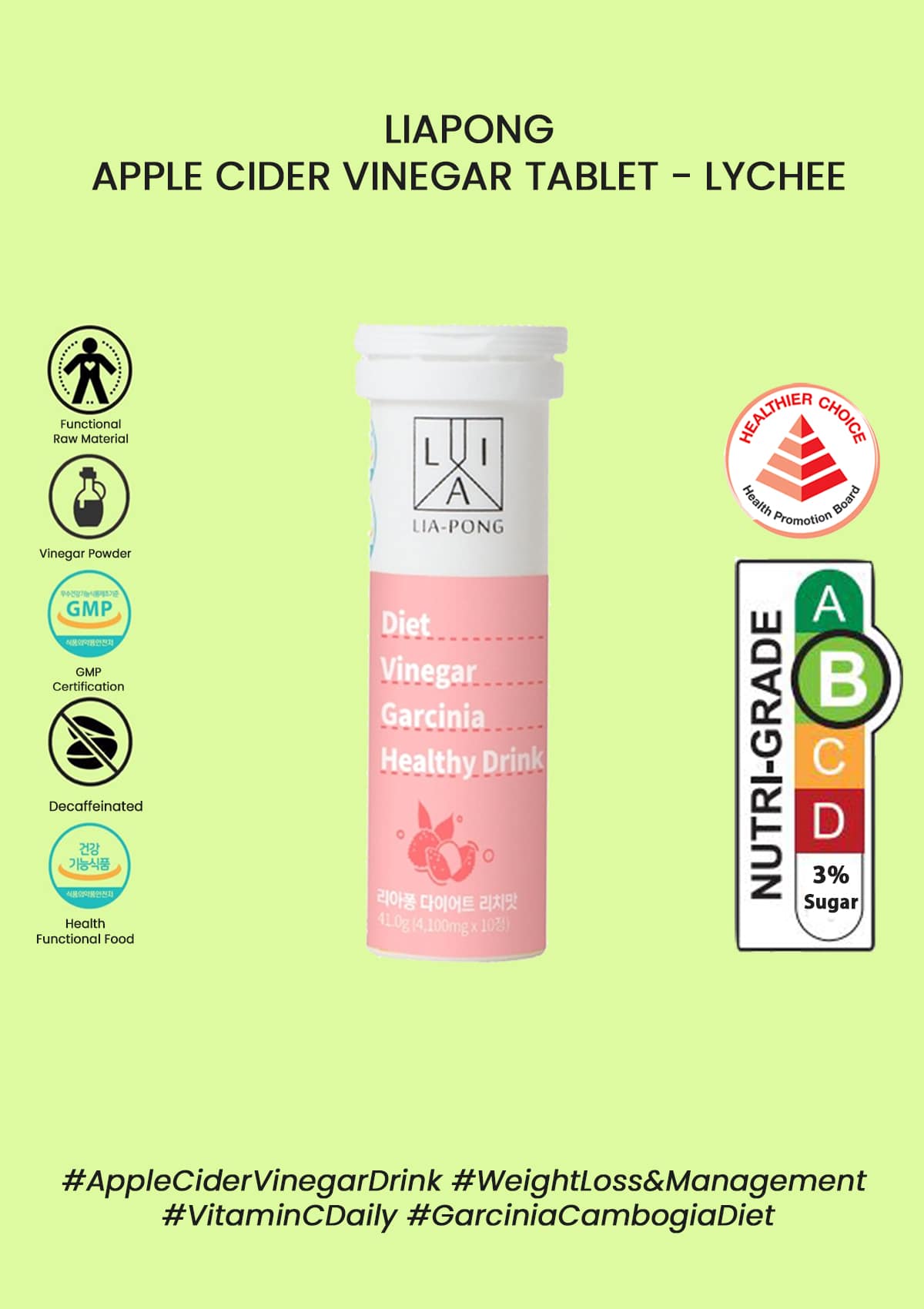 [LIAPONG] Apple Cider Vinegar Tablet Diet Lychee 41g (4100mg x 10