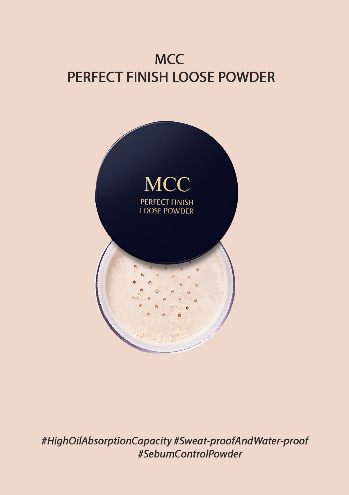 A compact container of MCC Perfect Finish Loose Powder with its lid open, showing the powder inside. The compact is labeled with the product name and features.